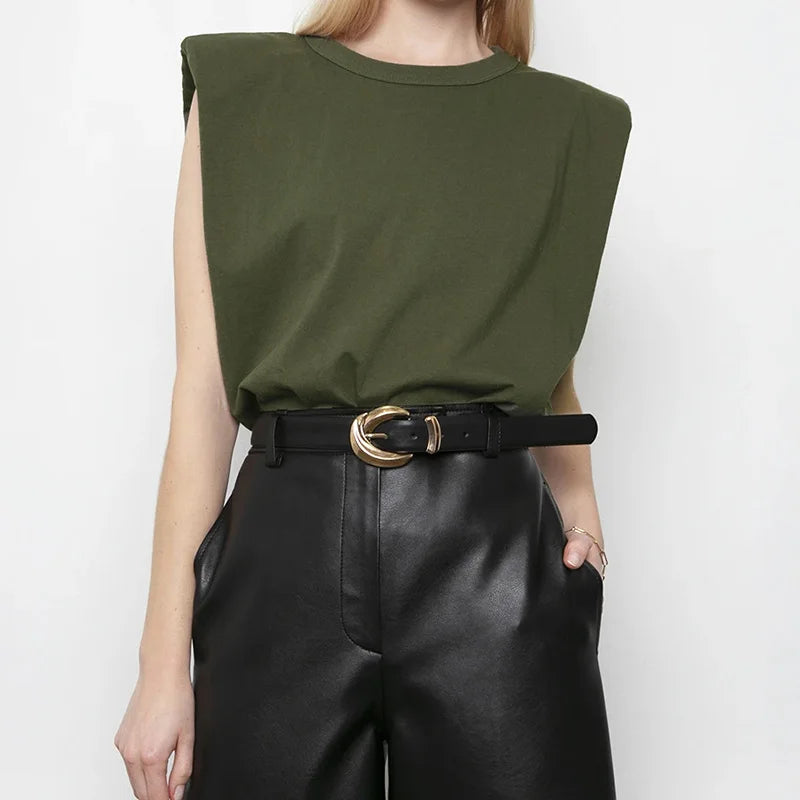 Women Padded Shoulder T-shirts Sleeveless Solid Color Round Neck Top Office Lady Pullover 2021 New Fashion Women Elegant Clothes