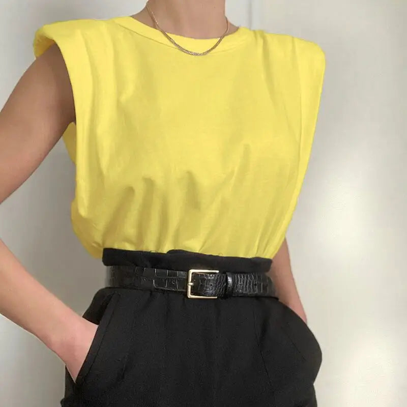 Women Padded Shoulder T-shirts Sleeveless Solid Color Round Neck Top Office Lady Pullover 2021 New Fashion Women Elegant Clothes