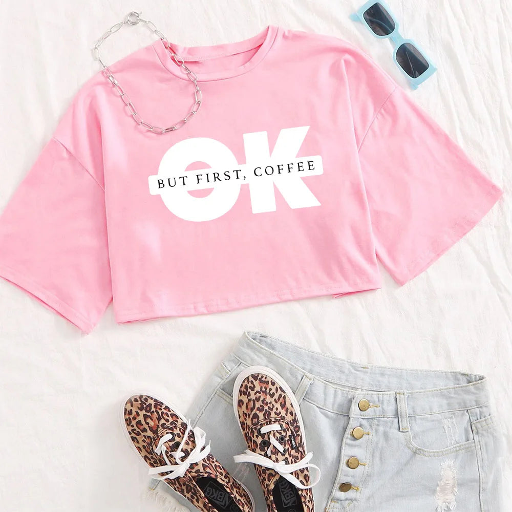 Ok Print Crop Tee Woman Summer O-Neck T-Shirt