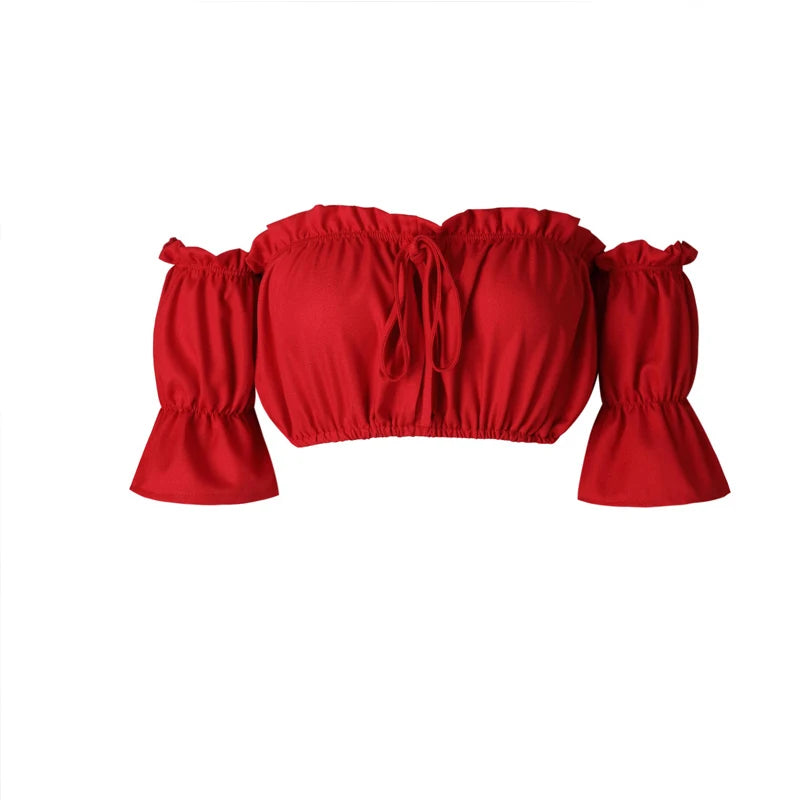 Crop tops women 2024 summer lantern sleeve sexy strapless beach tops plus size red black white ruched crop top