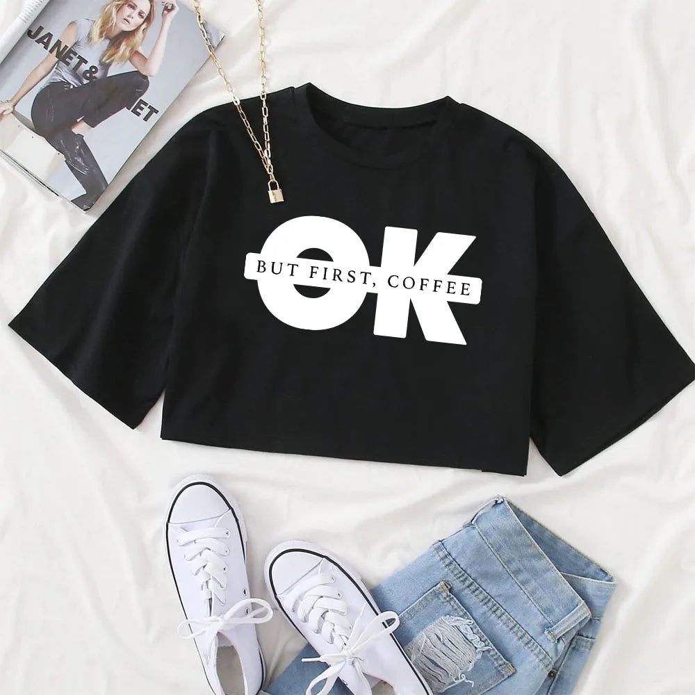 Ok Print Crop Tee Woman Summer O-Neck T-Shirt
