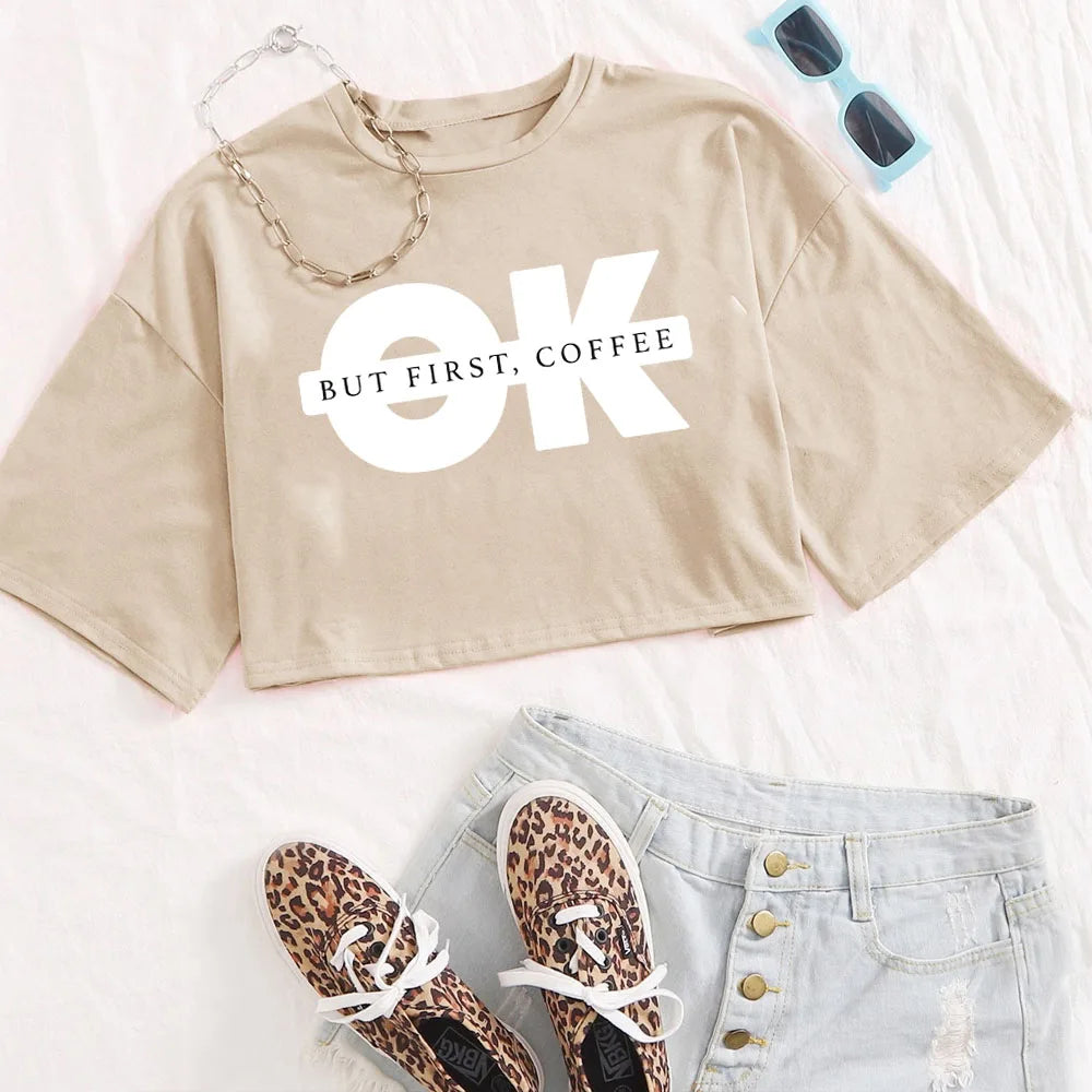 Ok Print Crop Tee Woman Summer O-Neck T-Shirt