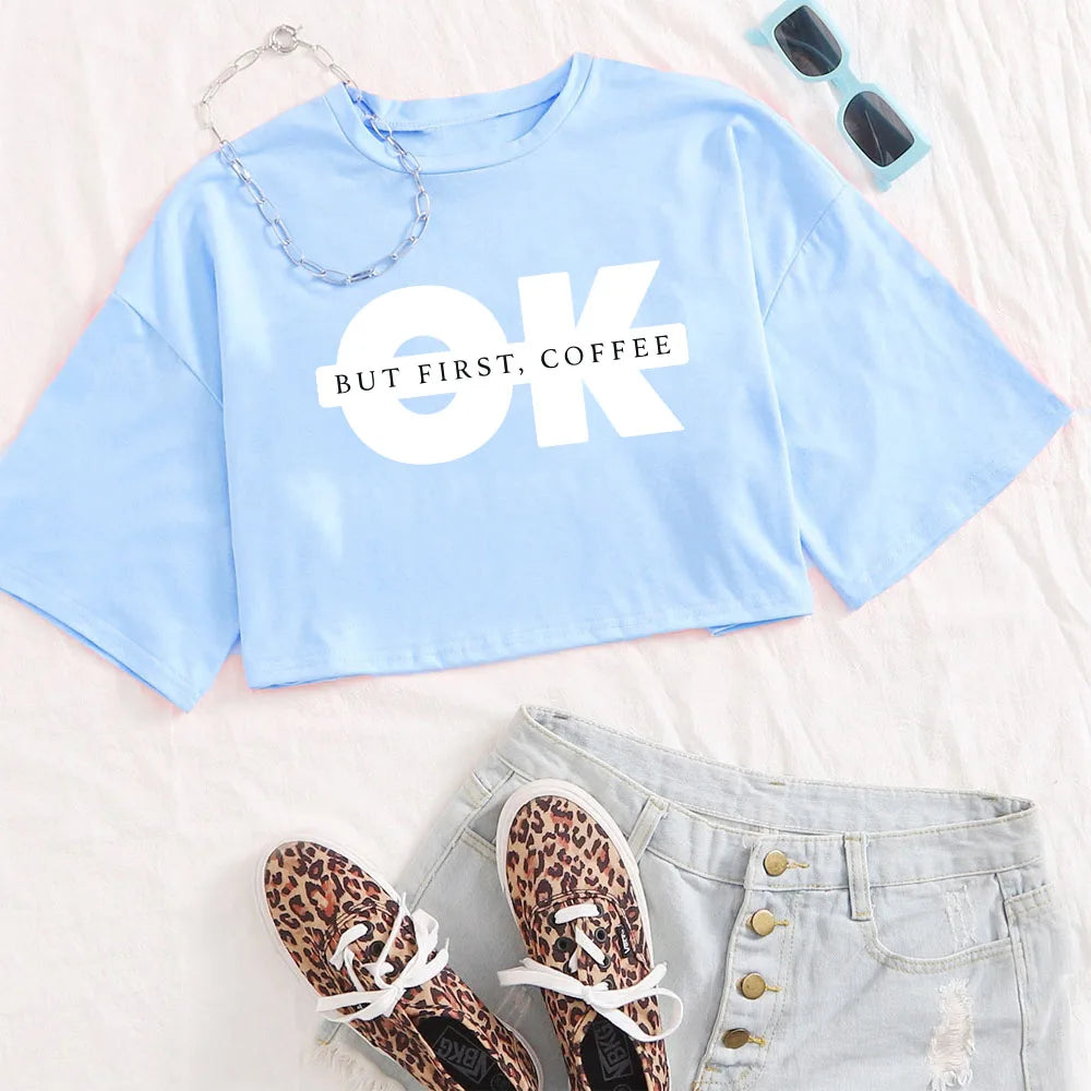 Ok Print Crop Tee Woman Summer O-Neck T-Shirt