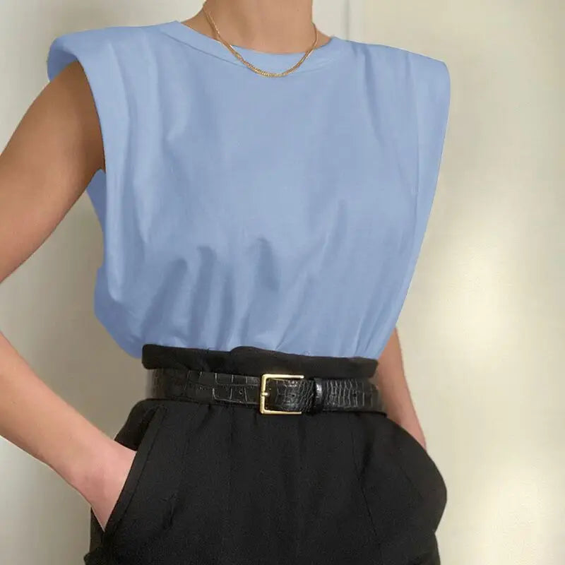 Women Padded Shoulder T-shirts Sleeveless Solid Color Round Neck Top Office Lady Pullover 2021 New Fashion Women Elegant Clothes