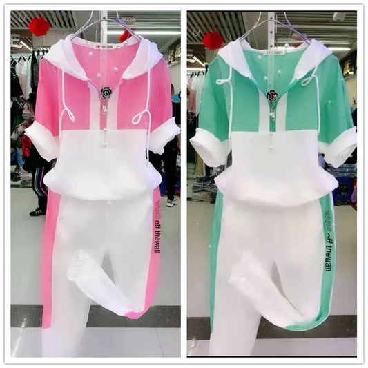 Summer 2025 Women's Loose Tracksuit Casual Fashion Short Sleeve Hooded Top with Pants 2 TwoPiece Set Sweat Suit for Women