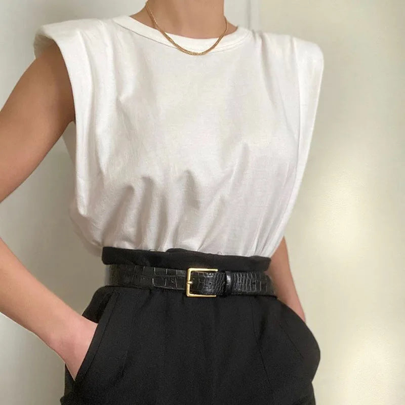 Women Padded Shoulder T-shirts Sleeveless Solid Color Round Neck Top Office Lady Pullover 2021 New Fashion Women Elegant Clothes