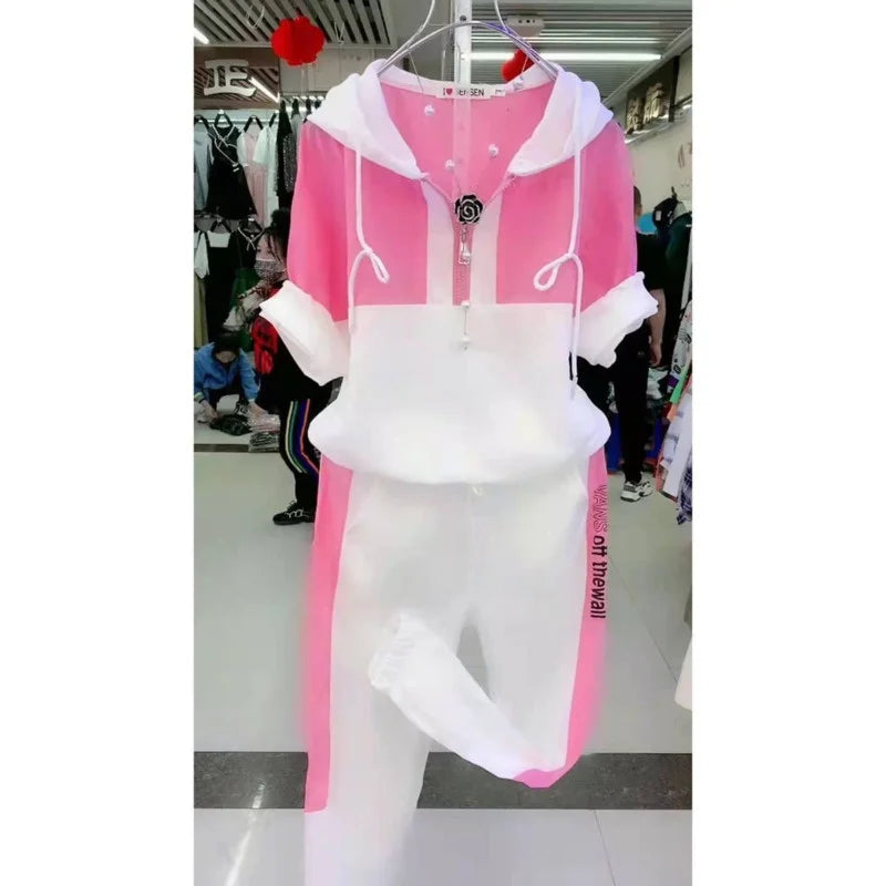 Summer 2025 Women's Loose Tracksuit Casual Fashion Short Sleeve Hooded Top with Pants 2 TwoPiece Set Sweat Suit for Women