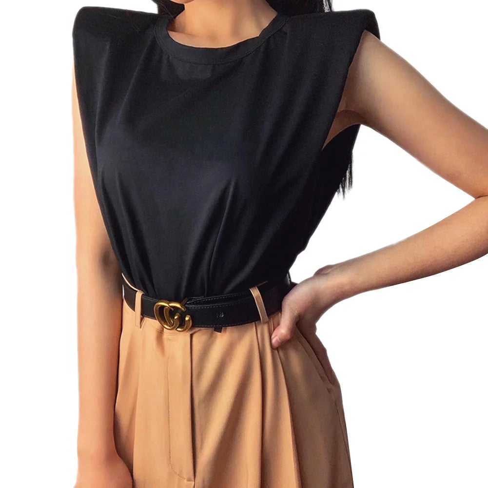 Women Padded Shoulder T-shirts Sleeveless Solid Color Round Neck Top Office Lady Pullover 2021 New Fashion Women Elegant Clothes