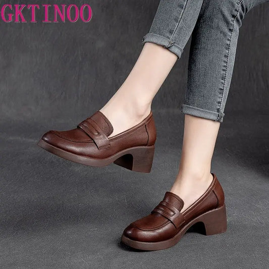 GKTINOO 2025 Penny Loafers Women Genuine Cow Leather Round Toe Thick Sole Slip-On Female Casual Platform Shoes Handmade