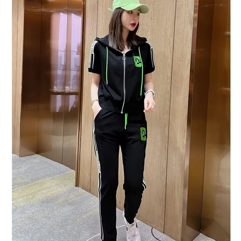 Summer 2025 Women's Loose Tracksuit Casual Fashion Short Sleeve Hooded Top with Pants 2 TwoPiece Set Sweat Suit for Women