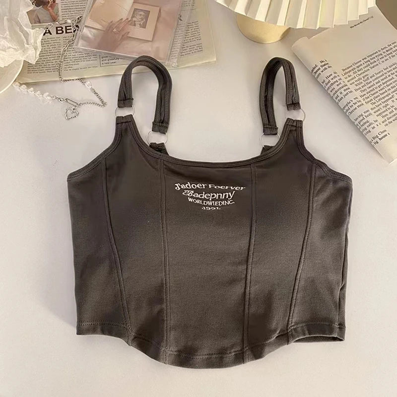 Women Crop Top Summer Y2K Lrregular Hem Slim Tank Tops Casual Sexy Female White Streetwear Letter Tank Tops With Pad Woman