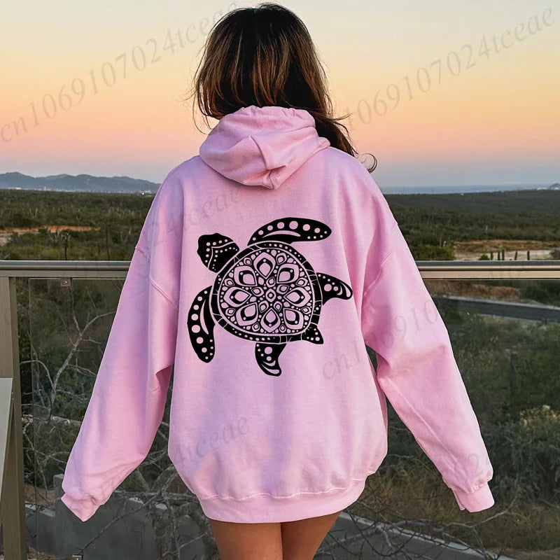 Funny Sea Turtle Print Women Hoody Sweatshirts Hip Hop Soft Hoodies Long Sleeve Pullover Clothes Casual Fleece Woman Streetwear