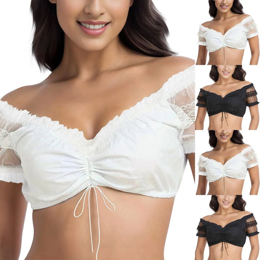 Women'S 1pc Patchwork Small Shirt Ladies Elegant Dirndl Blouses Regular Base Tops Solid Color V Neck Short Sleeve Blouses