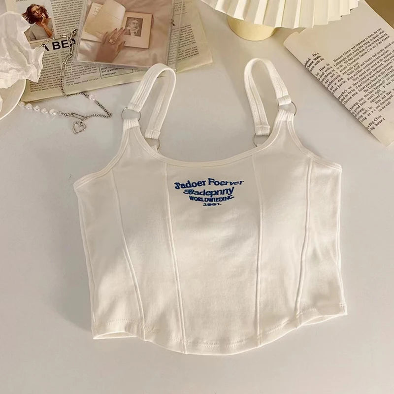 Women Crop Top Summer Y2K Lrregular Hem Slim Tank Tops Casual Sexy Female White Streetwear Letter Tank Tops With Pad Woman
