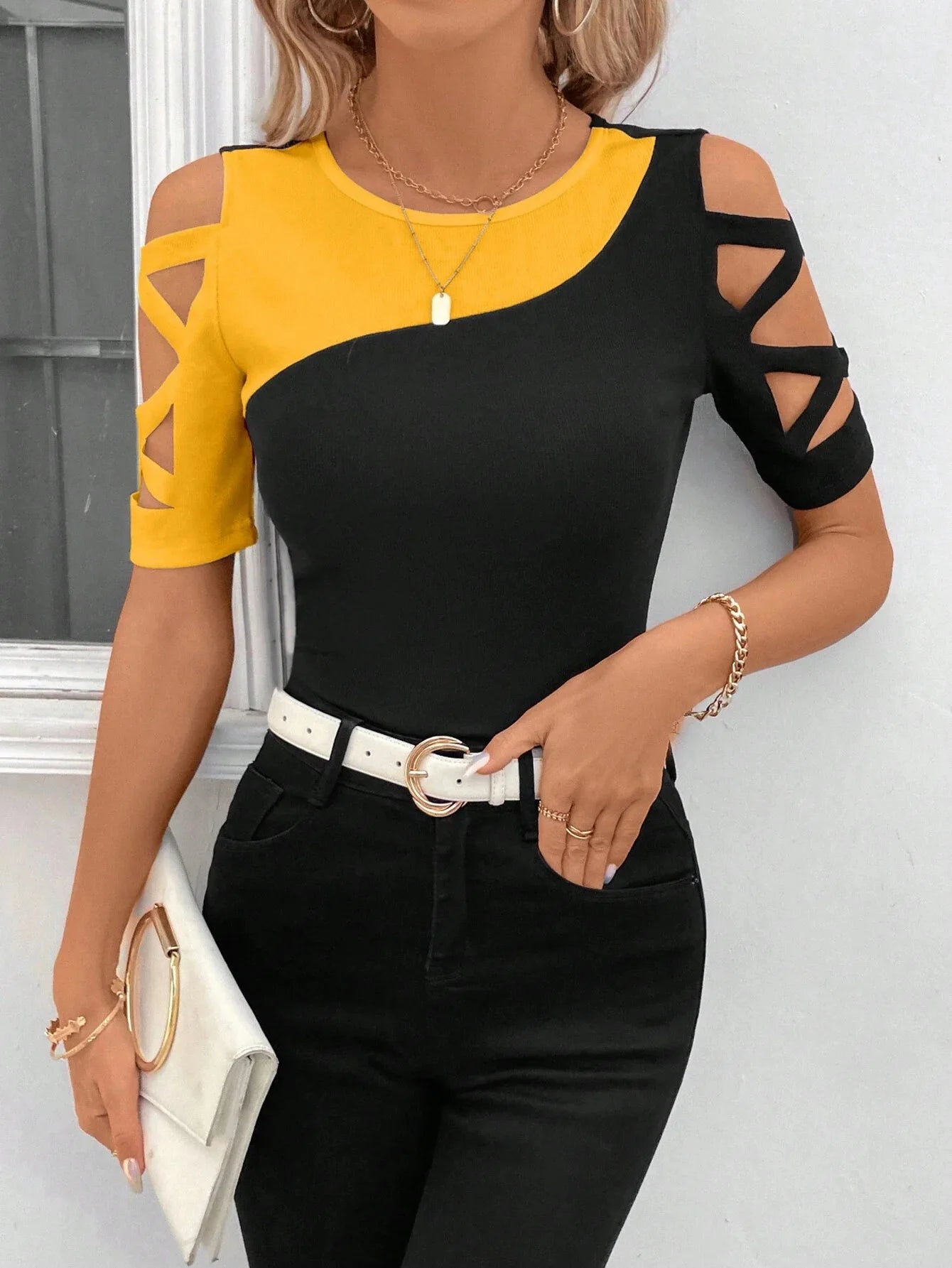 Women's Fashion Blouses T-shirt Summer New Color Block Cross Off Shoulder Slim Short Sleve Top T-shirt For Women Streetwear Tops