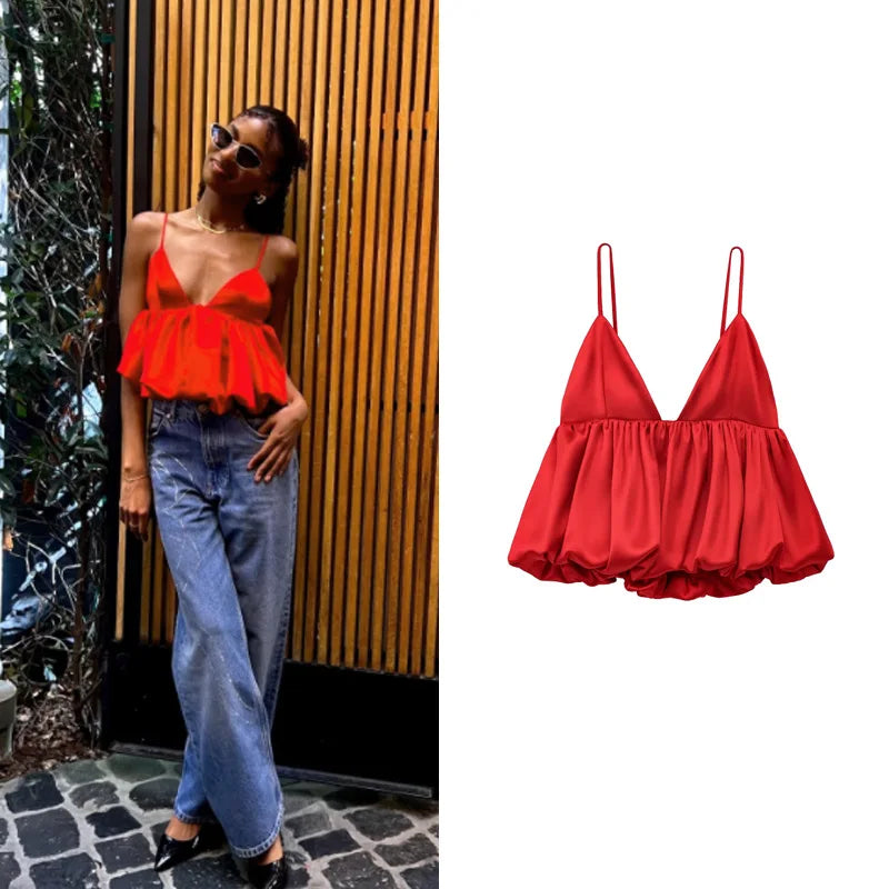 TRAF Red Y2k Mini Slip Tops 2025 Women's Spring Sexy Elegant Camisoles Fashion Casual Party Sleeveless Backless Short Tops