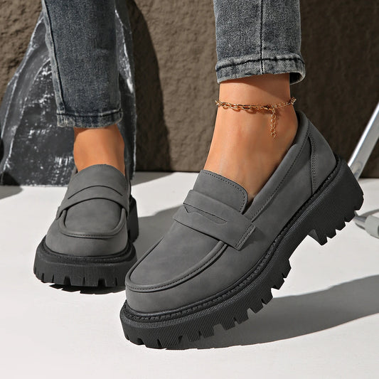 Rimocy Women's Solid Color Platform Loafers Comfortable Slip On Walking Shoes Woman Plus Size Fashion Preppy Style Dress Shoes