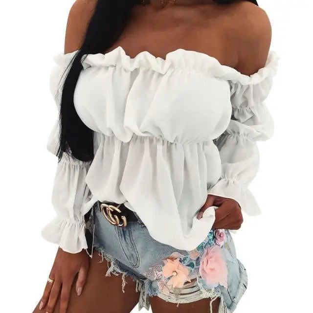 Women's Fashion One-line Collar Waist Shirt Women's Pleated Casual Long Sleeve Solid Color Shirt Woman