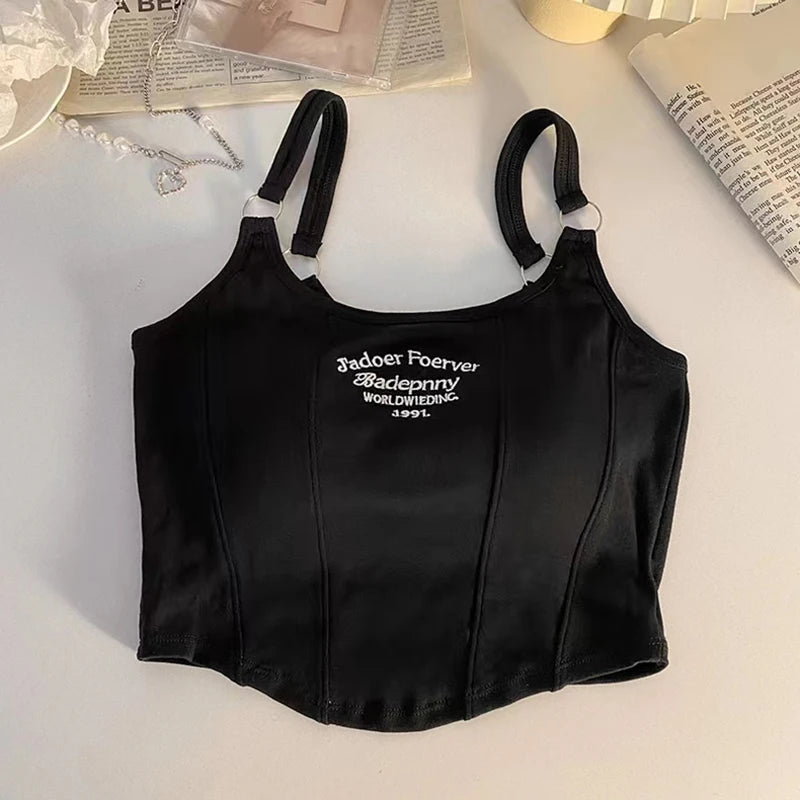 Women Crop Top Summer Y2K Lrregular Hem Slim Tank Tops Casual Sexy Female White Streetwear Letter Tank Tops With Pad Woman