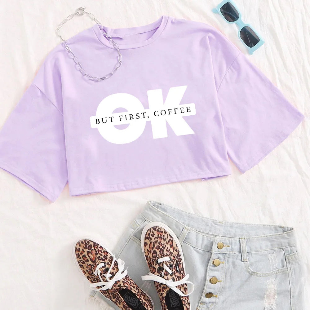 Ok Print Crop Tee Woman Summer O-Neck T-Shirt