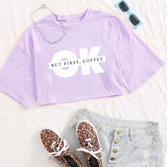 Ok Print Crop Tee Woman Summer O-Neck T-Shirt