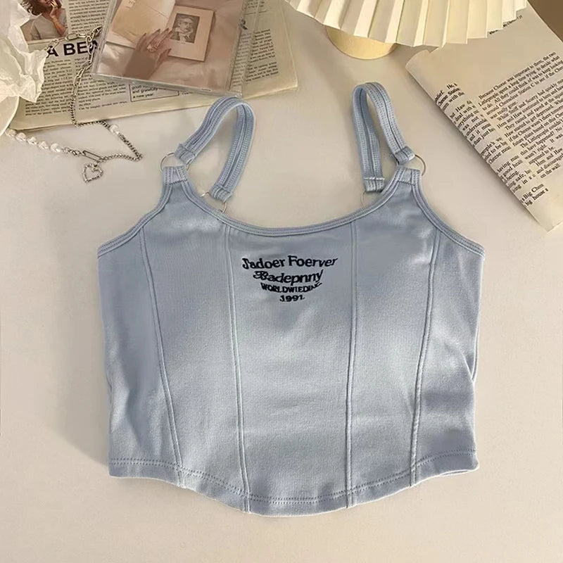 Women Crop Top Summer Y2K Lrregular Hem Slim Tank Tops Casual Sexy Female White Streetwear Letter Tank Tops With Pad Woman