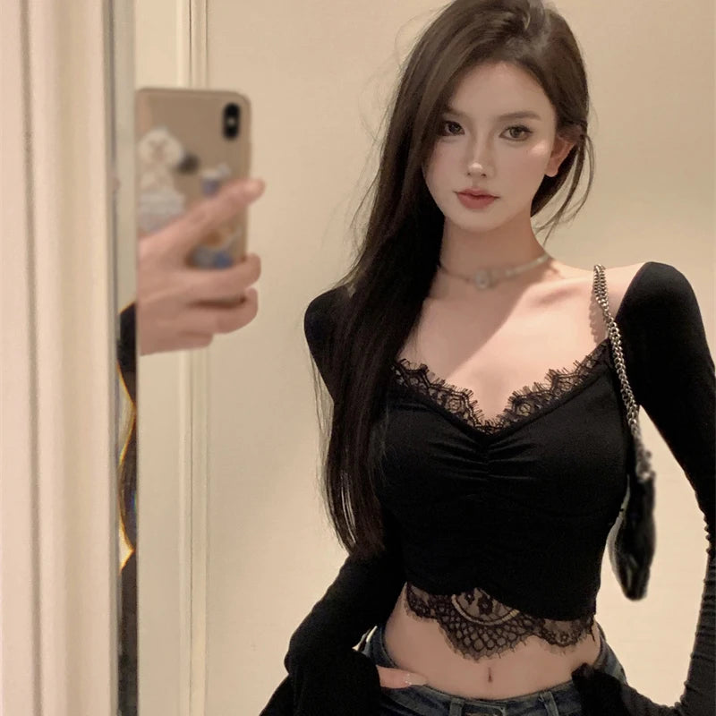 Women's Crop Top Long Sleeves  T Shirt V Neck Korean Version Slim Lace Sexy