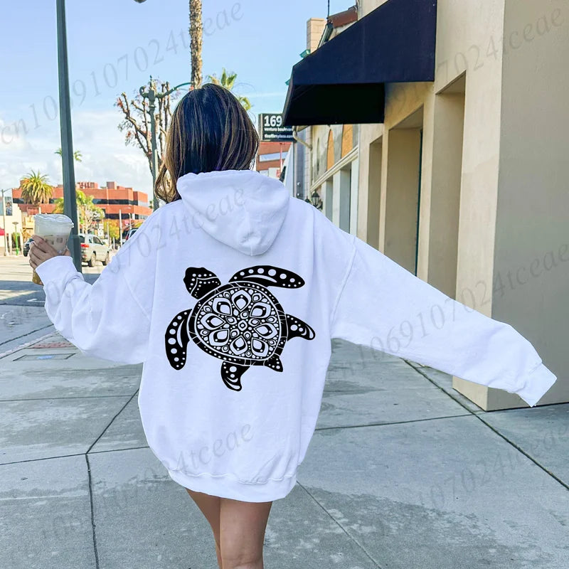 Funny Sea Turtle Print Women Hoody Sweatshirts Hip Hop Soft Hoodies Long Sleeve Pullover Clothes Casual Fleece Woman Streetwear