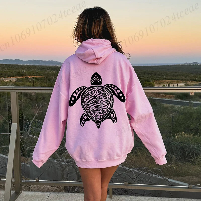 Funny Sea Turtle Print Women Hoody Sweatshirts Hip Hop Soft Hoodies Long Sleeve Pullover Clothes Casual Fleece Woman Streetwear