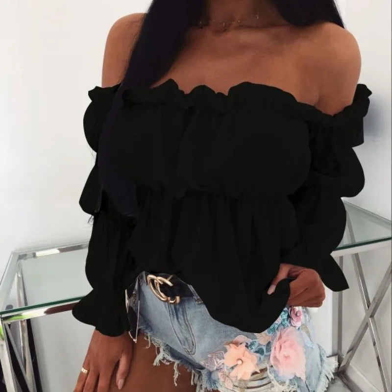 Women's Fashion One-line Collar Waist Shirt Women's Pleated Casual Long Sleeve Solid Color Shirt Woman