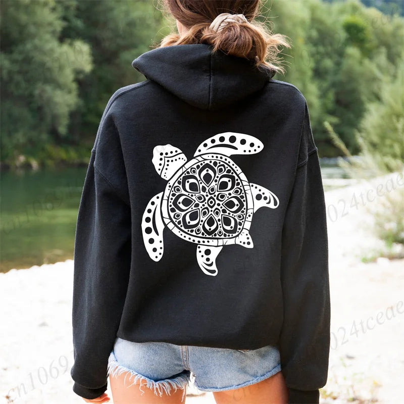 Funny Sea Turtle Print Women Hoody Sweatshirts Hip Hop Soft Hoodies Long Sleeve Pullover Clothes Casual Fleece Woman Streetwear
