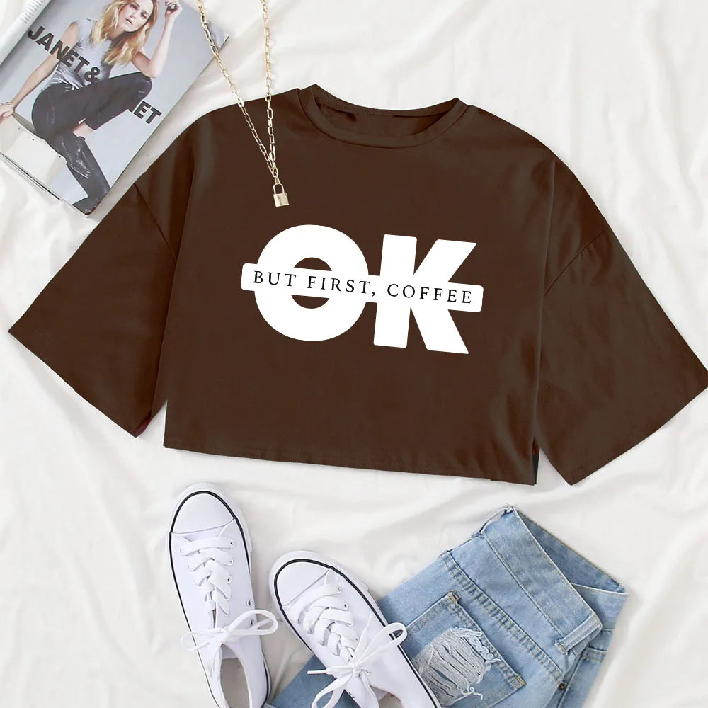 Ok Print Crop Tee Woman Summer O-Neck T-Shirt