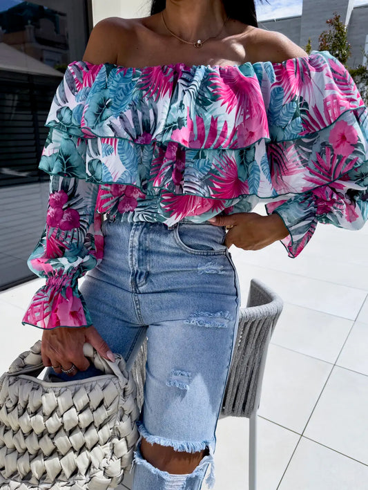 Autumn Off-shoulder Long Sleeves Fashion Print Shirts Summer Sexy Slash Neck Versatile Tops Commute Elegant Party Female Blouses