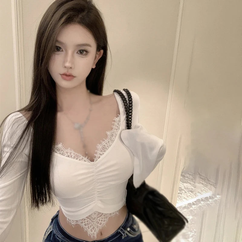 Women's Crop Top Long Sleeves  T Shirt V Neck Korean Version Slim Lace Sexy