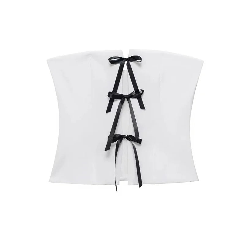 TRAF Off Shoulder Corset Top Woman Bow Ties Cut Out White Crop Top Women Sleeveless Backless Tube Tops Summer Sexy Short Tops