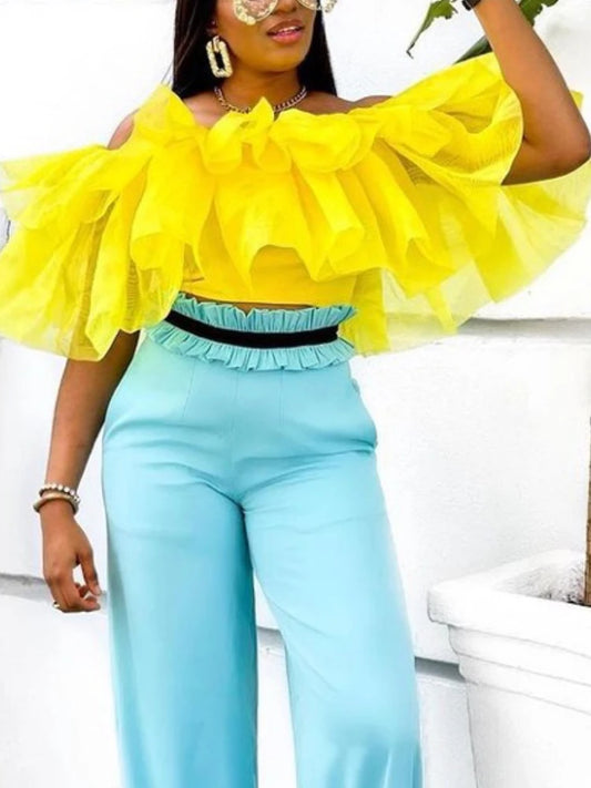 Women Blouses Off Shoulder Ruffles Pleated Yellow Summer Bright Shirt Tops Classy Elegant Lady Fashion Female African Bluas 2022