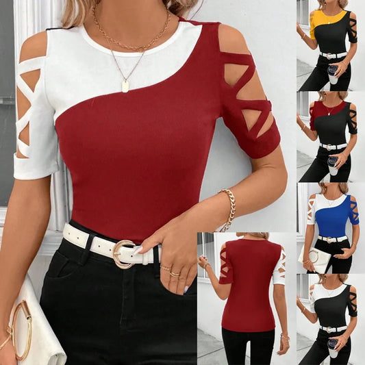 Women's Fashion Blouses T-shirt Summer New Color Block Cross Off Shoulder Slim Short Sleve Top T-shirt For Women Streetwear Tops