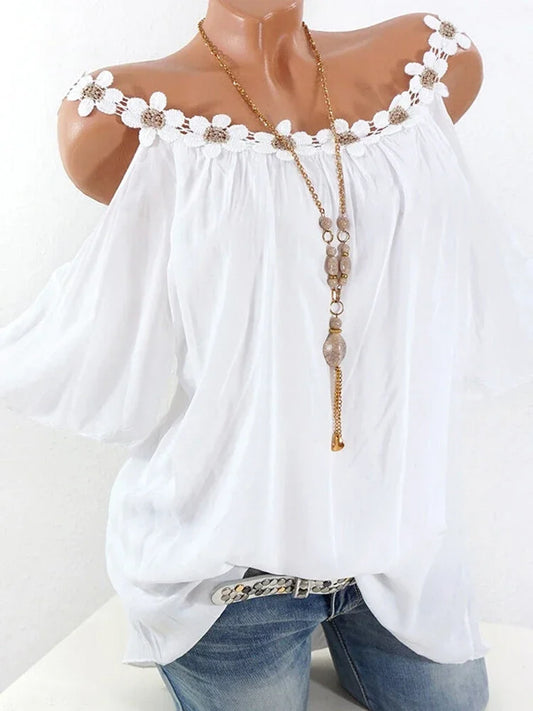 Fashion Summer Off Shoulder Women Blouse with Lace Flower 2025 Short Sleeve O-neck Shirt Sexy Lady Solid Top Loose Clothes 24933