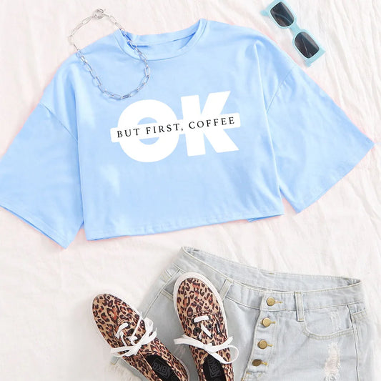 Ok Print Crop Tee Woman Summer O-Neck T-Shirt