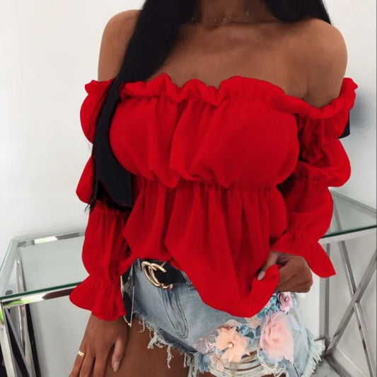 Women's Fashion One-line Collar Waist Shirt Women's Pleated Casual Long Sleeve Solid Color Shirt Woman