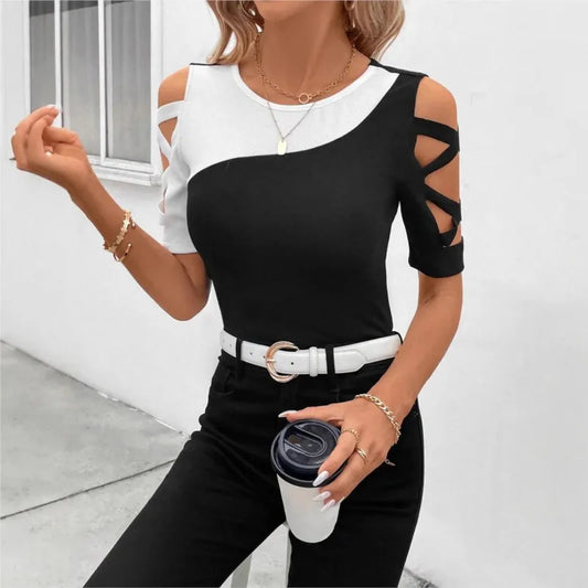 Women's Fashion Blouses T-shirt Summer New Color Block Cross Off Shoulder Slim Short Sleve Top T-shirt For Women Streetwear Tops