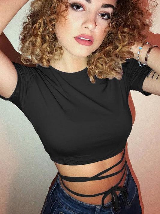 2025 Summer Women Black Short T-Shirts Sexy Crop Tops Short Sleeve Bandage Tee Tops Female Shirts