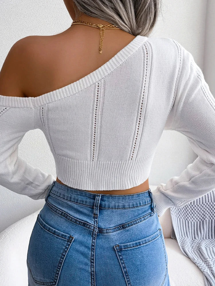 Sexy Knitted One Shoulder Crop Top Women Fashion Long Sleeve Tops Casual Hollow White Thin Sweater Autumn Winter Pullover 2025