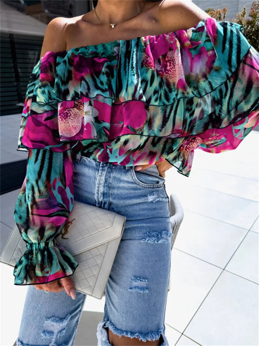 Autumn Off-shoulder Long Sleeves Fashion Print Shirts Summer Sexy Slash Neck Versatile Tops Commute Elegant Party Female Blouses