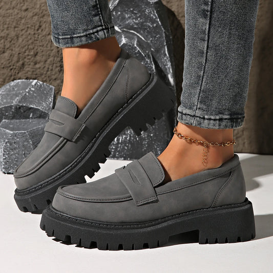 Rimocy Women's Solid Color Platform Loafers Comfortable Slip On Walking Shoes Woman Plus Size Fashion Preppy Style Dress Shoes
