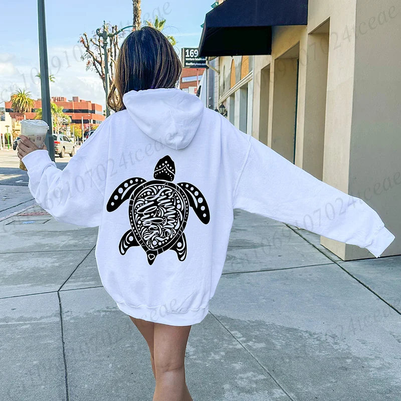 Funny Sea Turtle Print Women Hoody Sweatshirts Hip Hop Soft Hoodies Long Sleeve Pullover Clothes Casual Fleece Woman Streetwear