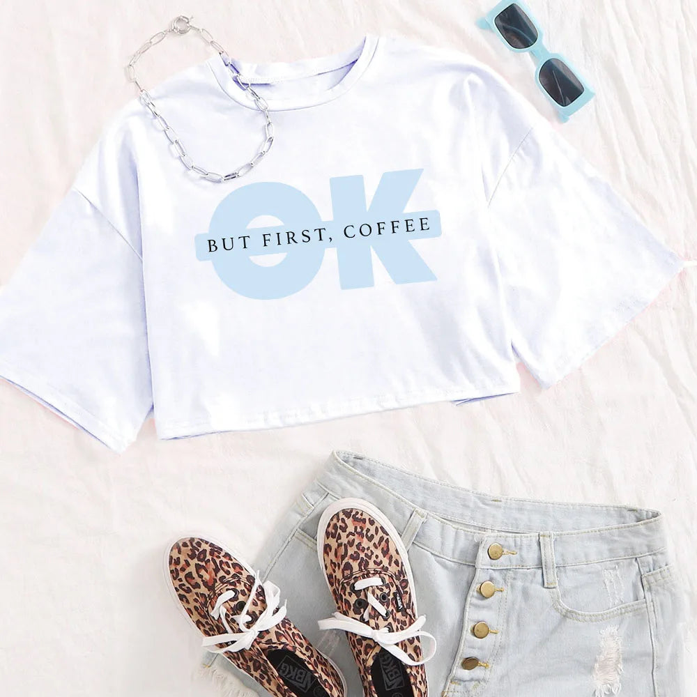 Ok Print Crop Tee Woman Summer O-Neck T-Shirt
