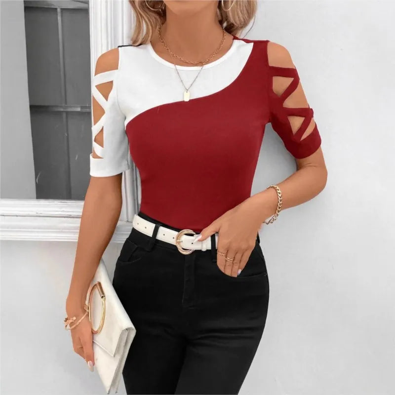 Women's Fashion Blouses T-shirt Summer New Color Block Cross Off Shoulder Slim Short Sleve Top T-shirt For Women Streetwear Tops