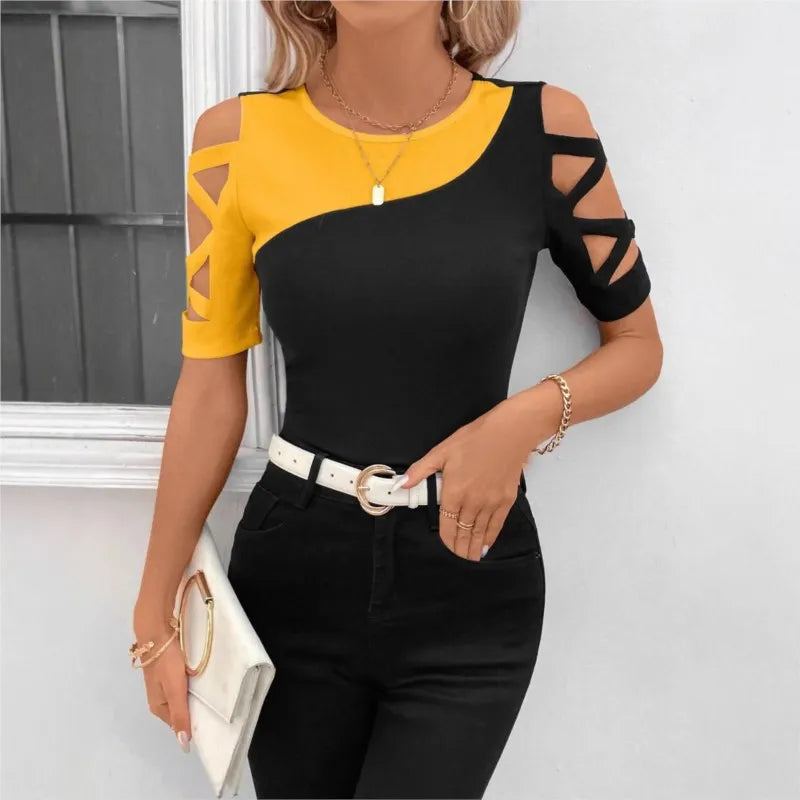 Women's Fashion Blouses T-shirt Summer New Color Block Cross Off Shoulder Slim Short Sleve Top T-shirt For Women Streetwear Tops