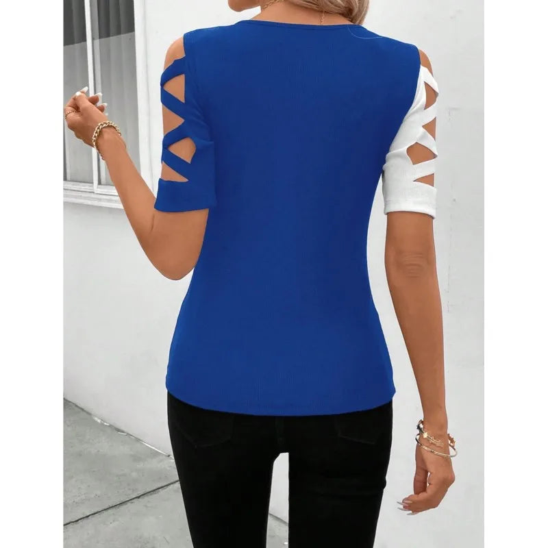 Women's Fashion Blouses T-shirt Summer New Color Block Cross Off Shoulder Slim Short Sleve Top T-shirt For Women Streetwear Tops